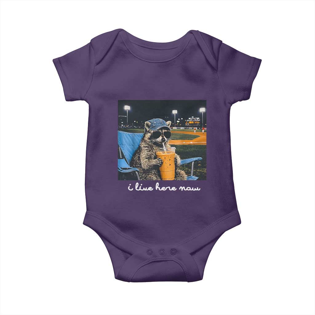 Funny Raccoon Baseball Game Day Meme Baby Onesie I Live Here Now Trash Panda Iced Coffee Night TS02 Purple Print Your Wear
