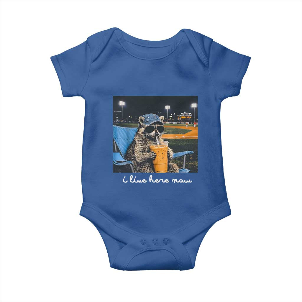 Funny Raccoon Baseball Game Day Meme Baby Onesie I Live Here Now Trash Panda Iced Coffee Night TS02 Royal Blue Print Your Wear
