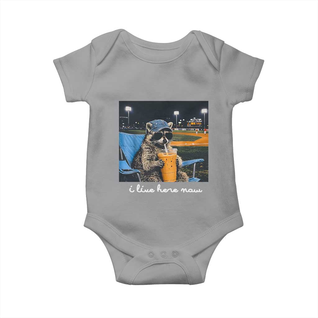 Funny Raccoon Baseball Game Day Meme Baby Onesie I Live Here Now Trash Panda Iced Coffee Night TS02 Sport Gray Print Your Wear