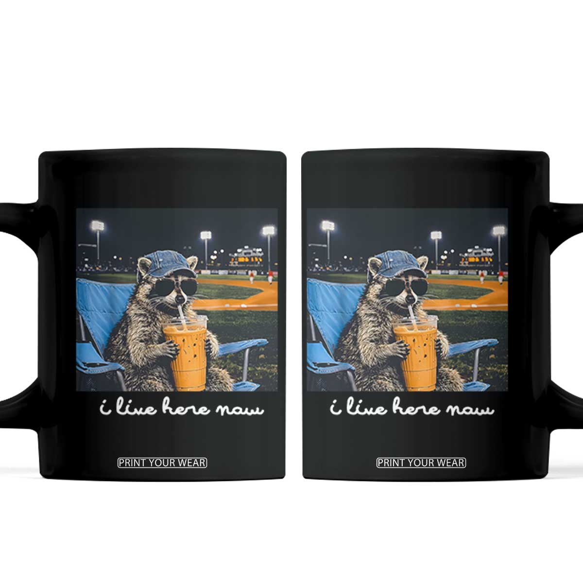 Funny Raccoon Baseball Game Day Meme Coffee Mug I Live Here Now Trash Panda Iced Coffee Night TS02 Black Print Your Wear