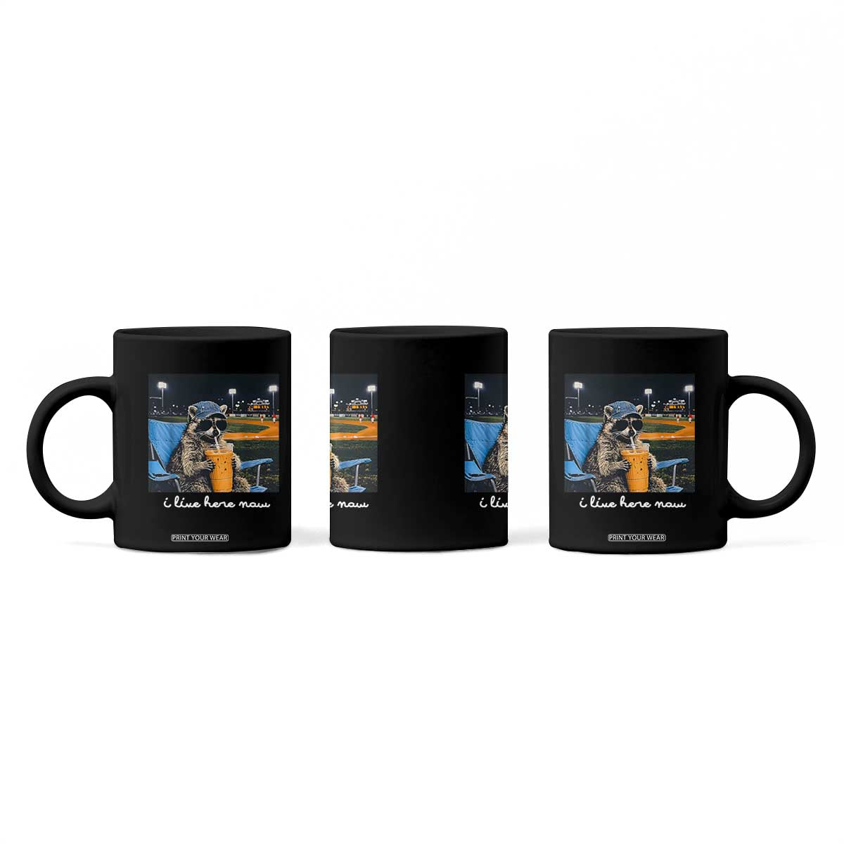 Funny Raccoon Baseball Game Day Meme Coffee Mug I Live Here Now Trash Panda Iced Coffee Night TS02 Print Your Wear