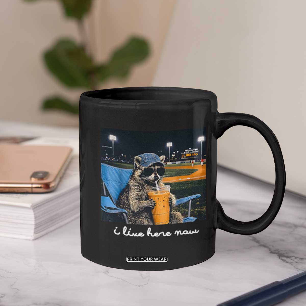 Funny Raccoon Baseball Game Day Meme Coffee Mug I Live Here Now Trash Panda Iced Coffee Night TS02 Print Your Wear