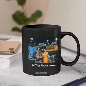 Funny Raccoon Baseball Game Day Meme Coffee Mug I Live Here Now Trash Panda Iced Coffee Night TS02 Print Your Wear