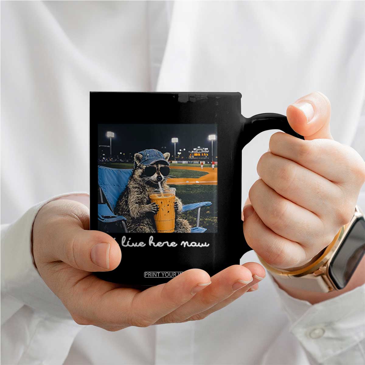 Funny Raccoon Baseball Game Day Meme Coffee Mug I Live Here Now Trash Panda Iced Coffee Night TS02 Print Your Wear
