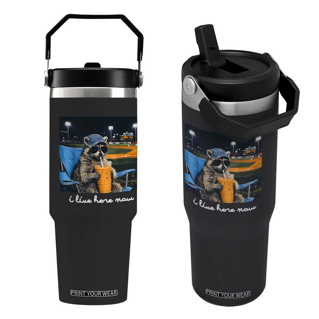 Funny Raccoon Baseball Game Day Meme Flip Straw Tumbler I Live Here Now Trash Panda Iced Coffee Night TS02 One Size: 30 oz Black Print Your Wear