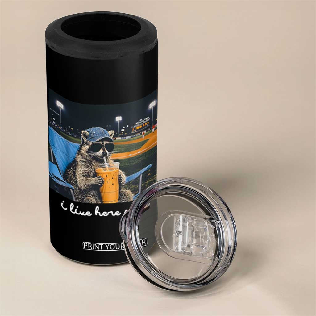Funny Raccoon Baseball Game Day Meme 4 in 1 Can Cooler Tumbler I Live Here Now Trash Panda Iced Coffee Night TS02 Print Your Wear