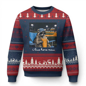 Funny Raccoon Baseball Game Day Meme Ugly Christmas Sweater I Live Here Now Trash Panda Iced Coffee Night TS02 Navy Red Print Your Wear