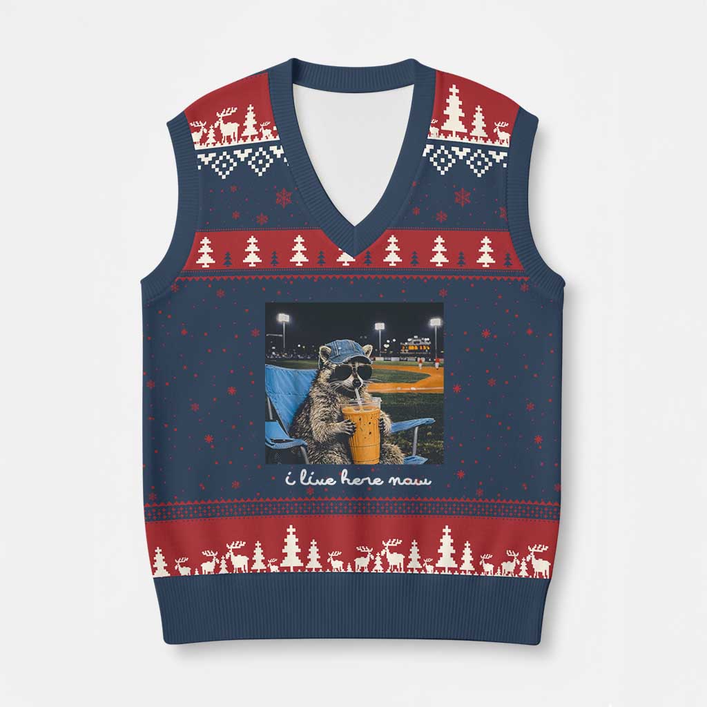 Funny Raccoon Baseball Game Day Meme V-Neck Knit Sweater Vest I Live Here Now Trash Panda Iced Coffee Night TS02 Navy Red Print Your Wear