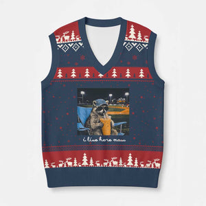 Funny Raccoon Baseball Game Day Meme V-Neck Knit Sweater Vest I Live Here Now Trash Panda Iced Coffee Night TS02 Navy Red Print Your Wear