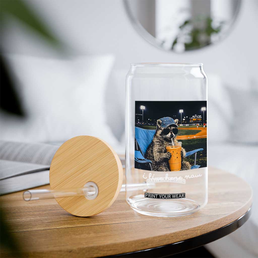 Funny Raccoon Baseball Game Day Meme Glass Can I Live Here Now Trash Panda Iced Coffee Night TS02 Print Your Wear