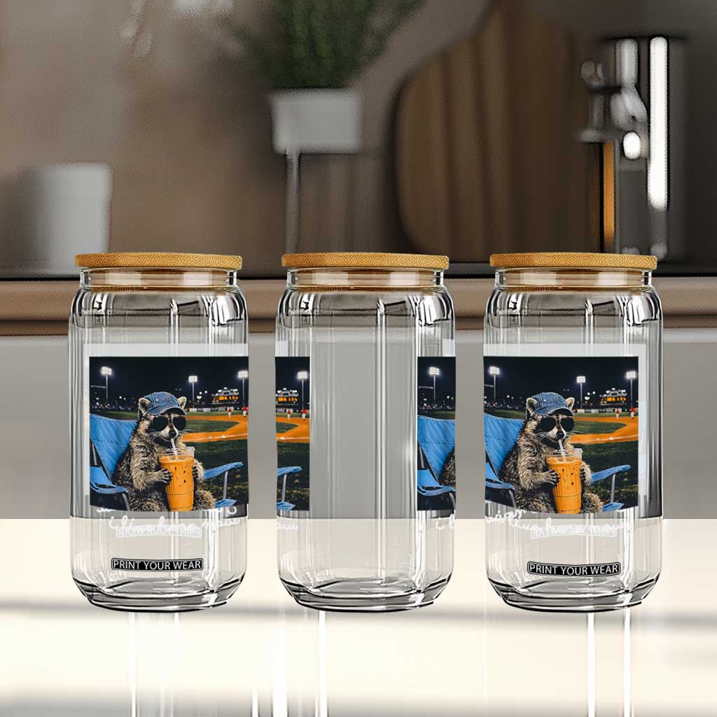 Funny Raccoon Baseball Game Day Meme Glass Can I Live Here Now Trash Panda Iced Coffee Night TS02 Print Your Wear