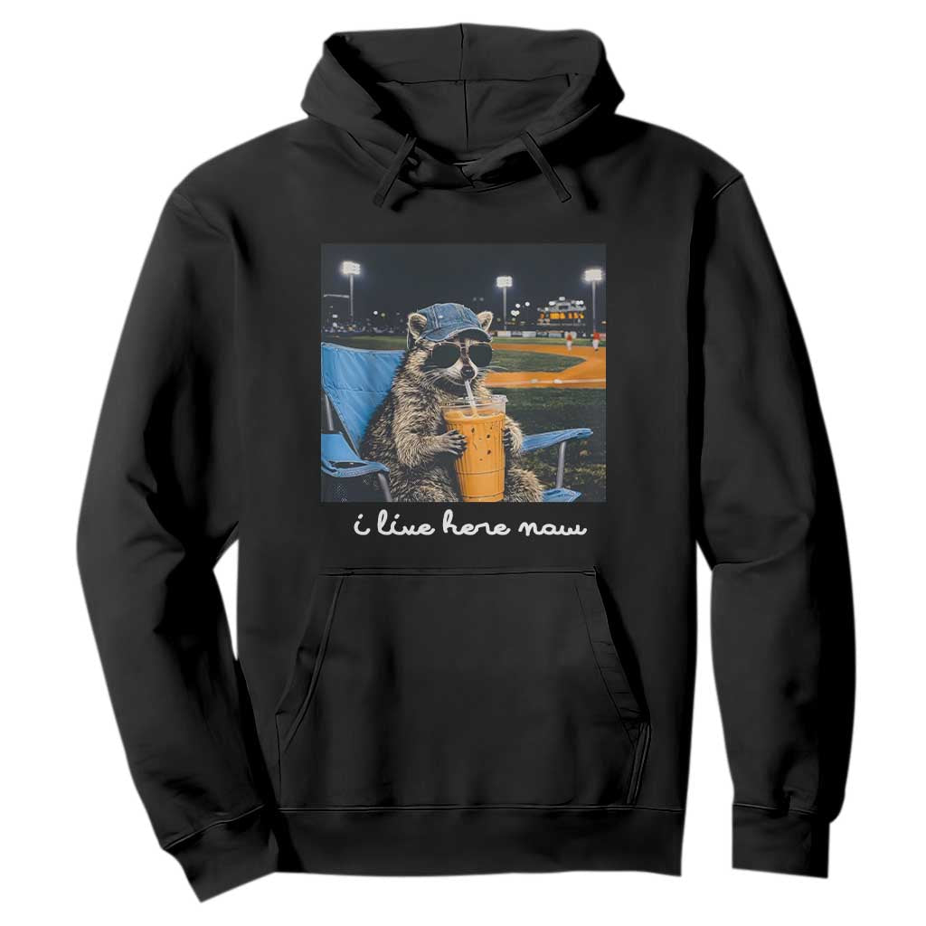Funny Raccoon Baseball Game Day Meme Hoodie I Live Here Now Trash Panda Iced Coffee Night TS02 Black Print Your Wear