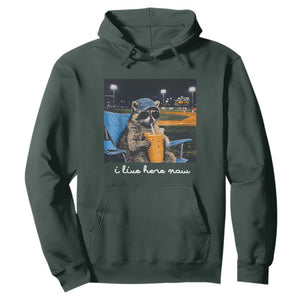 Funny Raccoon Baseball Game Day Meme Hoodie I Live Here Now Trash Panda Iced Coffee Night TS02 Dark Forest Green Print Your Wear