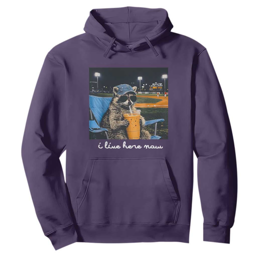 Funny Raccoon Baseball Game Day Meme Hoodie I Live Here Now Trash Panda Iced Coffee Night TS02 Purple Print Your Wear