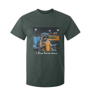 Funny Raccoon Baseball Game Day Meme T Shirt For Kid I Live Here Now Trash Panda Iced Coffee Night TS02 Dark Forest Green Print Your Wear