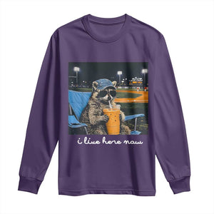 Funny Raccoon Baseball Game Day Meme Long Sleeve Shirt I Live Here Now Trash Panda Iced Coffee Night TS02 Purple Print Your Wear