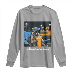 Funny Raccoon Baseball Game Day Meme Long Sleeve Shirt I Live Here Now Trash Panda Iced Coffee Night TS02 Sport Gray Print Your Wear