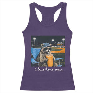 Funny Raccoon Baseball Game Day Meme Racerback Tank Top I Live Here Now Trash Panda Iced Coffee Night TS02 Purple Print Your Wear