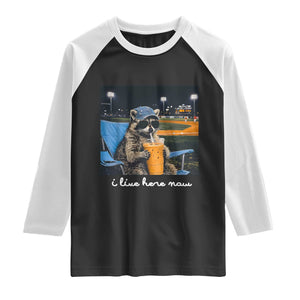 Funny Raccoon Baseball Game Day Meme Raglan Shirt I Live Here Now Trash Panda Iced Coffee Night TS02 Black White Print Your Wear