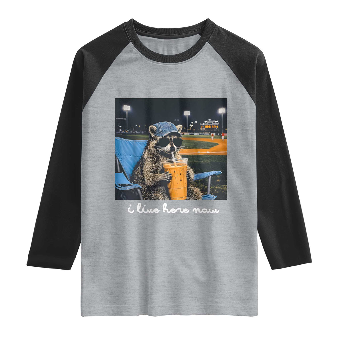 Funny Raccoon Baseball Game Day Meme Raglan Shirt I Live Here Now Trash Panda Iced Coffee Night TS02 Heather Gray Black Print Your Wear