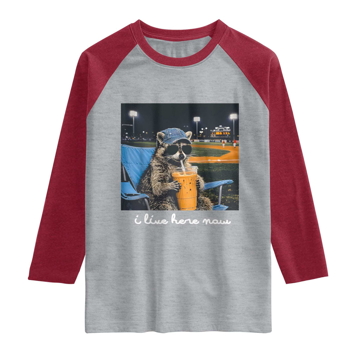 Funny Raccoon Baseball Game Day Meme Raglan Shirt I Live Here Now Trash Panda Iced Coffee Night TS02 Heather Gray Heather Red Print Your Wear