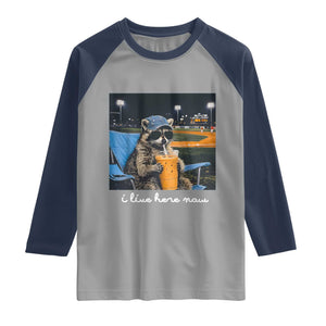Funny Raccoon Baseball Game Day Meme Raglan Shirt I Live Here Now Trash Panda Iced Coffee Night TS02 Sport Gray Navy Print Your Wear