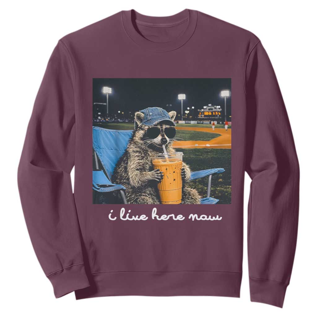 Funny Raccoon Baseball Game Day Meme Sweatshirt I Live Here Now Trash Panda Iced Coffee Night TS02 Maroon Print Your Wear