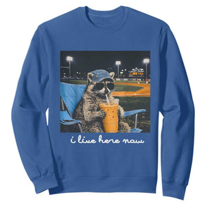 Funny Raccoon Baseball Game Day Meme Sweatshirt I Live Here Now Trash Panda Iced Coffee Night TS02 Royal Blue Print Your Wear