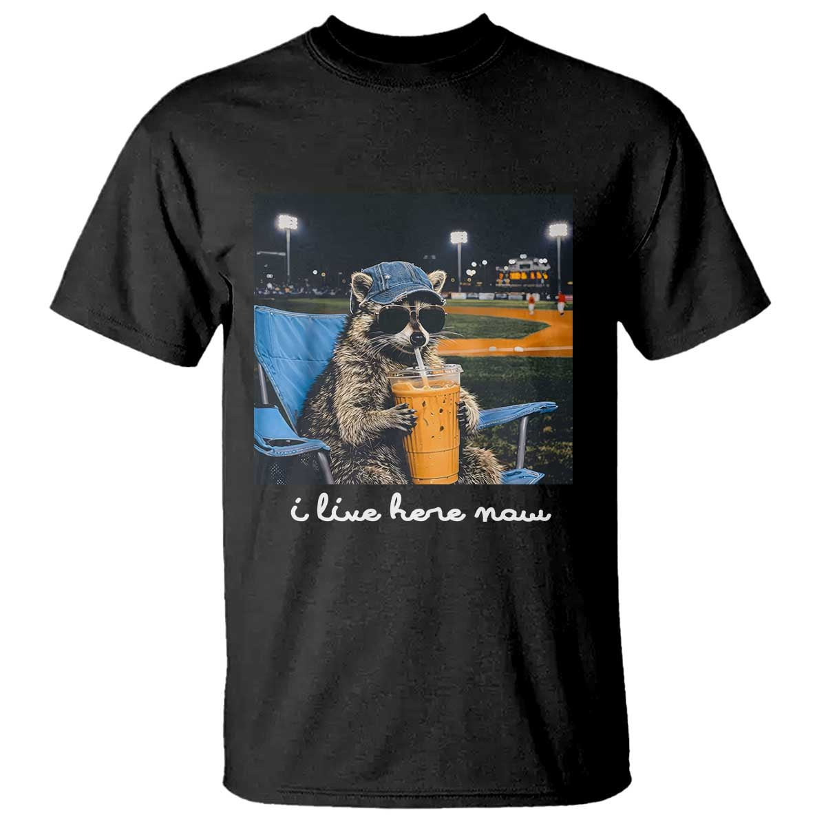 Funny Raccoon Baseball Game Day Meme T Shirt I Live Here Now Trash Panda Iced Coffee Night TS02 Black Print Your Wear