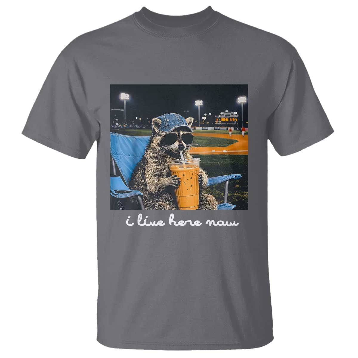 Funny Raccoon Baseball Game Day Meme T Shirt I Live Here Now Trash Panda Iced Coffee Night TS02 Charcoal Print Your Wear