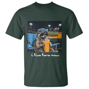 Funny Raccoon Baseball Game Day Meme T Shirt I Live Here Now Trash Panda Iced Coffee Night TS02 Dark Forest Green Print Your Wear