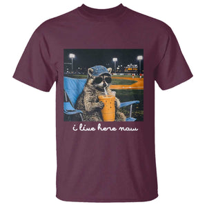 Funny Raccoon Baseball Game Day Meme T Shirt I Live Here Now Trash Panda Iced Coffee Night TS02 Maroon Print Your Wear