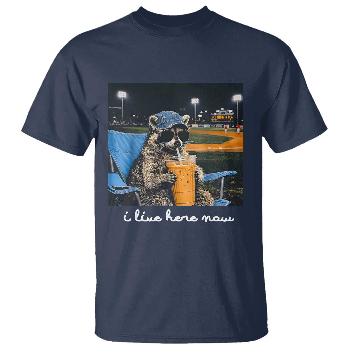 Funny Raccoon Baseball Game Day Meme T Shirt I Live Here Now Trash Panda Iced Coffee Night TS02 Navy Print Your Wear