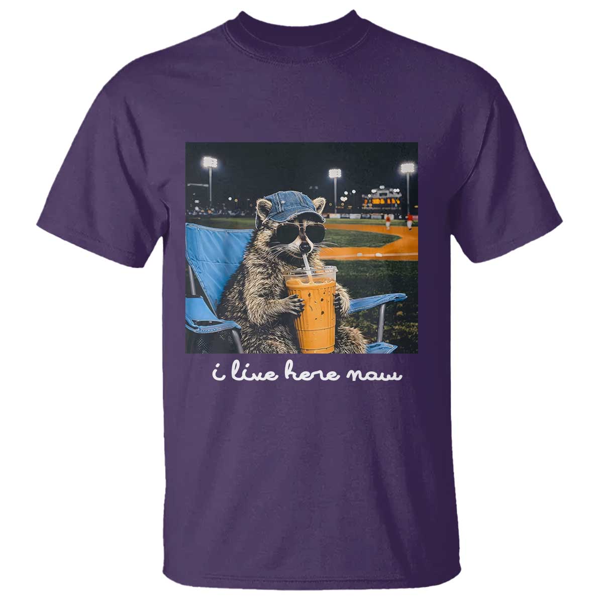 Funny Raccoon Baseball Game Day Meme T Shirt I Live Here Now Trash Panda Iced Coffee Night TS02 Purple Print Your Wear