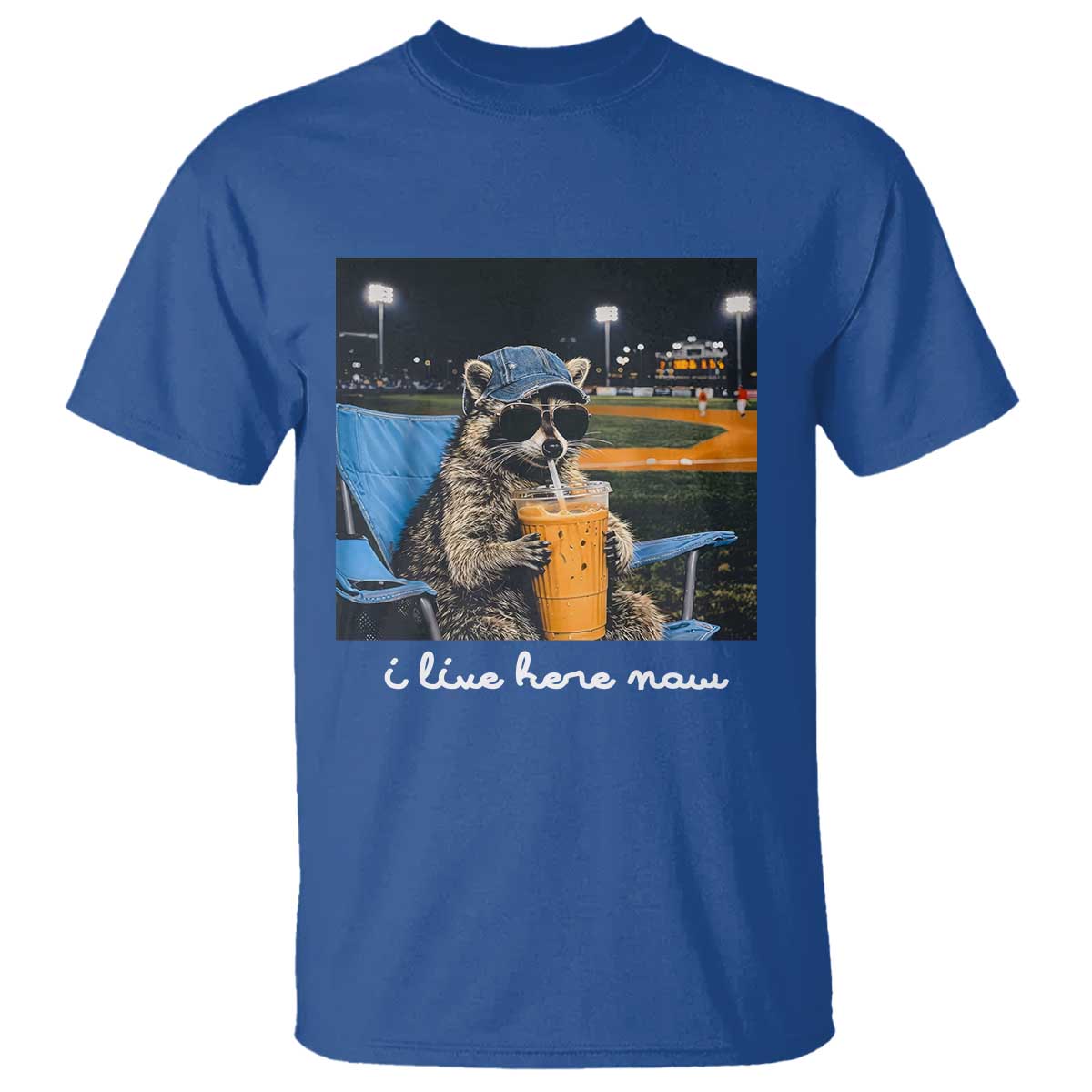 Funny Raccoon Baseball Game Day Meme T Shirt I Live Here Now Trash Panda Iced Coffee Night TS02 Royal Blue Print Your Wear