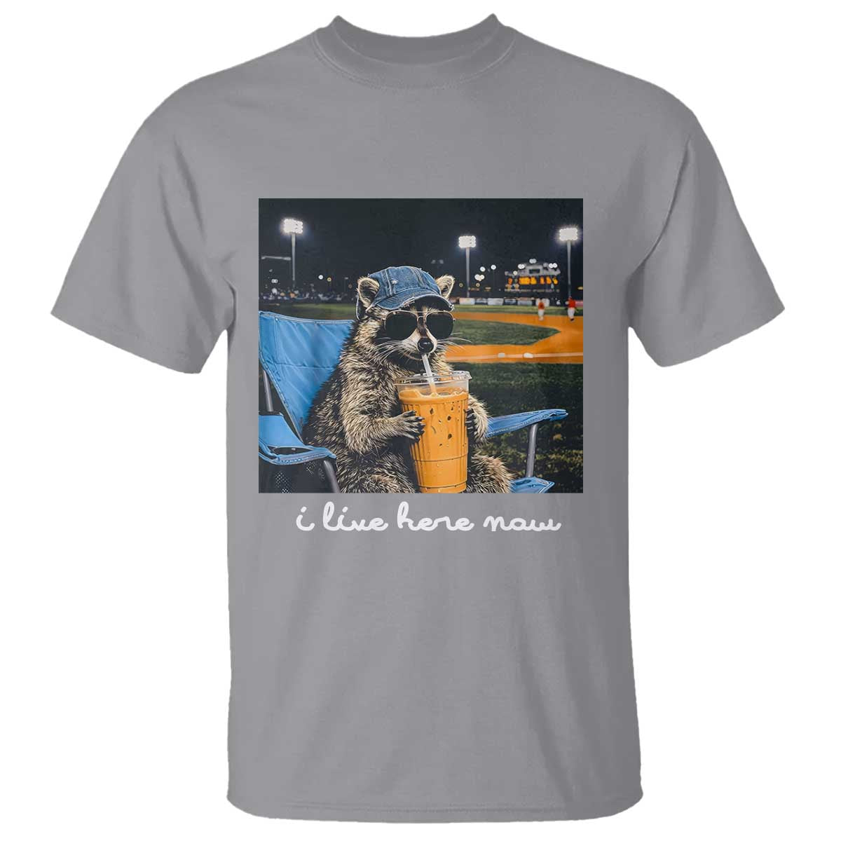 Funny Raccoon Baseball Game Day Meme T Shirt I Live Here Now Trash Panda Iced Coffee Night TS02 Sport Gray Print Your Wear