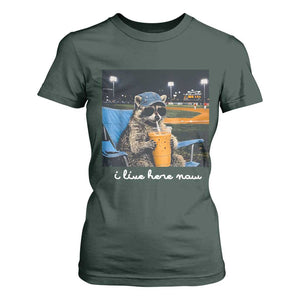 Funny Raccoon Baseball Game Day Meme T Shirt For Women I Live Here Now Trash Panda Iced Coffee Night TS02 Dark Forest Green Print Your Wear