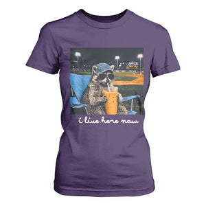 Funny Raccoon Baseball Game Day Meme T Shirt For Women I Live Here Now Trash Panda Iced Coffee Night TS02 Purple Print Your Wear