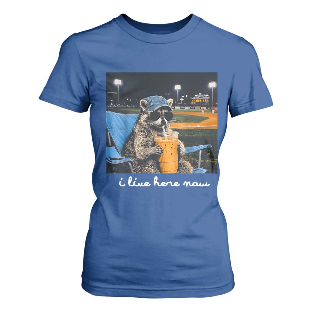 Funny Raccoon Baseball Game Day Meme T Shirt For Women I Live Here Now Trash Panda Iced Coffee Night TS02 Royal Blue Print Your Wear