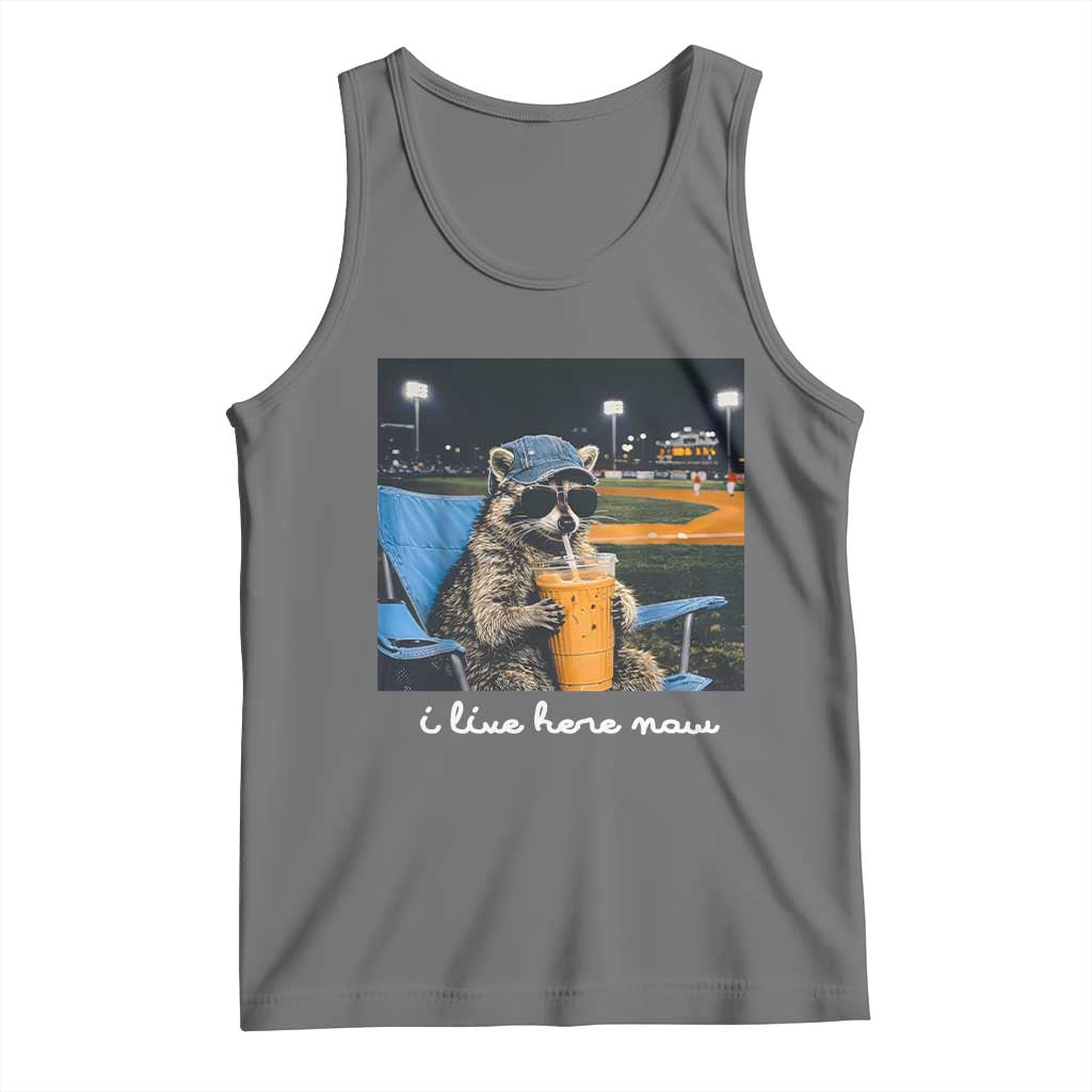 Funny Raccoon Baseball Game Day Meme Tank Top I Live Here Now Trash Panda Iced Coffee Night TS02 Black Heather Print Your Wear