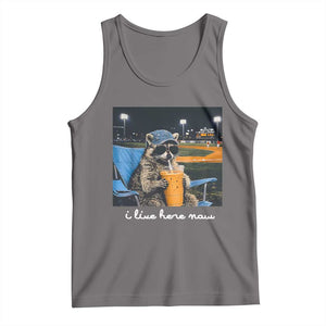 Funny Raccoon Baseball Game Day Meme Tank Top I Live Here Now Trash Panda Iced Coffee Night TS02 Deep Heather Print Your Wear