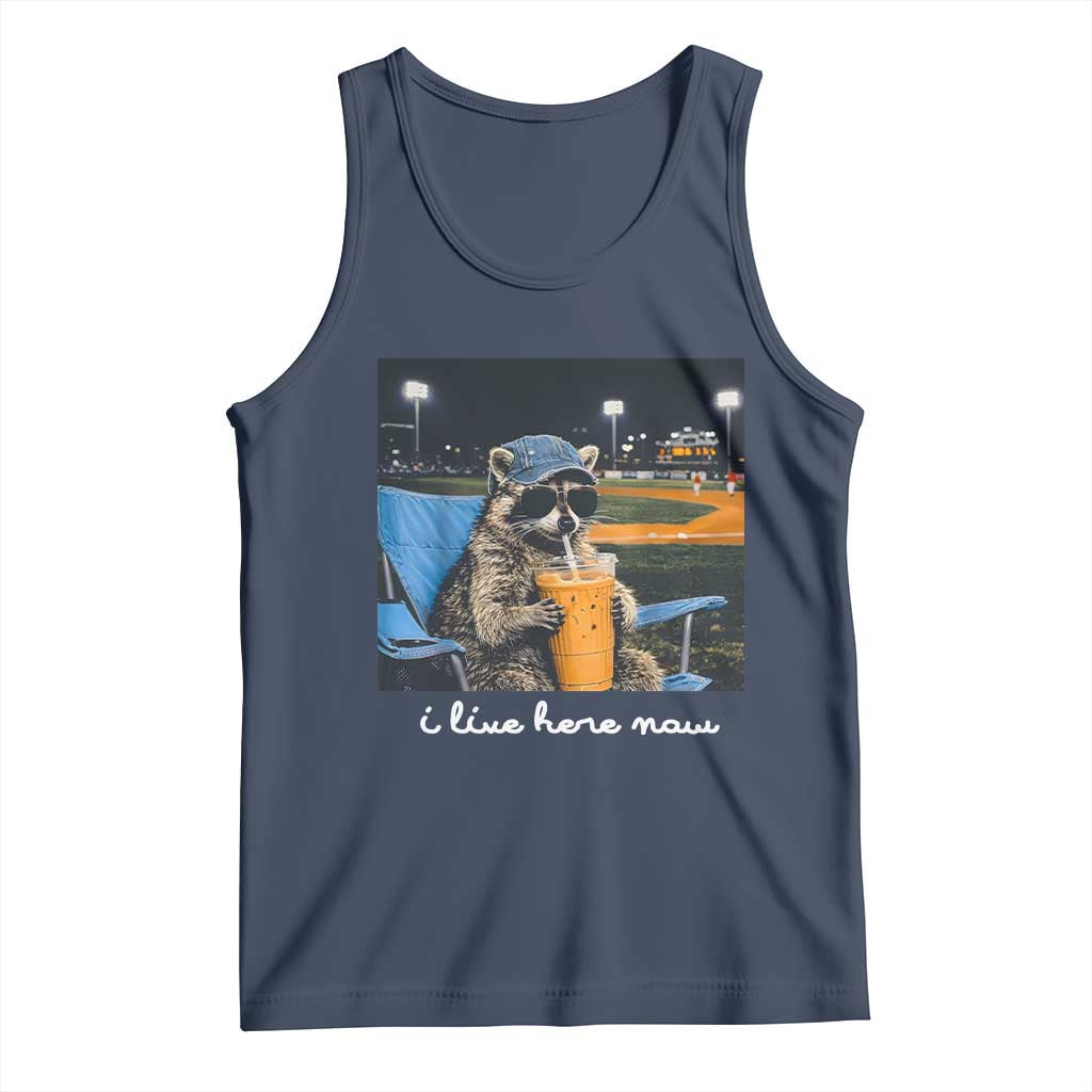 Funny Raccoon Baseball Game Day Meme Tank Top I Live Here Now Trash Panda Iced Coffee Night TS02 Navy Print Your Wear