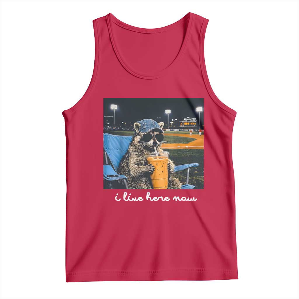Funny Raccoon Baseball Game Day Meme Tank Top I Live Here Now Trash Panda Iced Coffee Night TS02 Red Print Your Wear