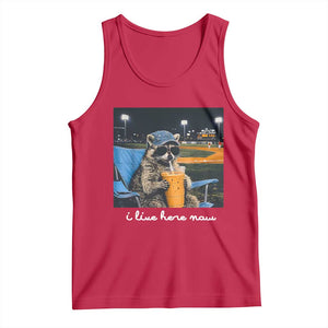 Funny Raccoon Baseball Game Day Meme Tank Top I Live Here Now Trash Panda Iced Coffee Night TS02 Red Print Your Wear