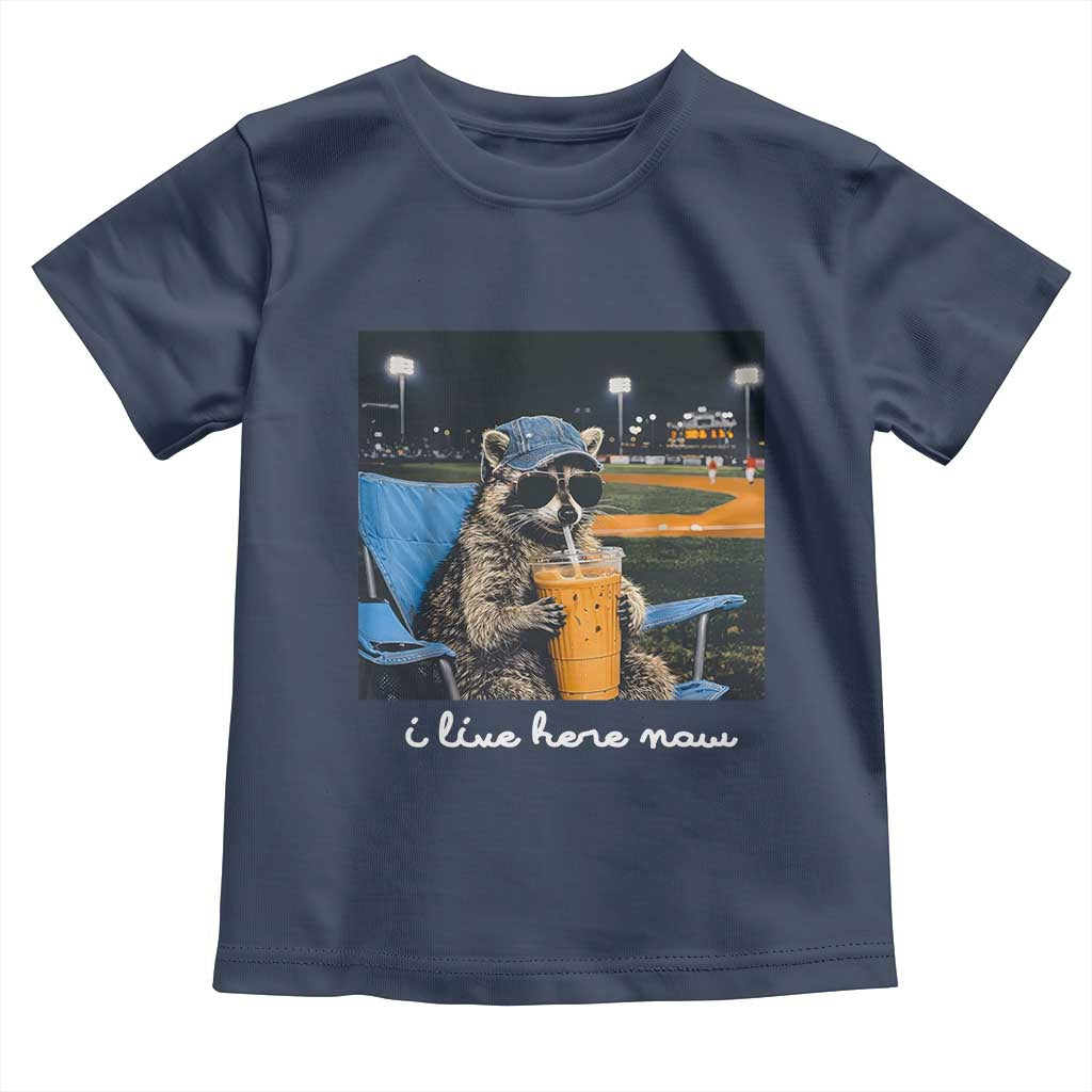 Funny Raccoon Baseball Game Day Meme Toddler T Shirt I Live Here Now Trash Panda Iced Coffee Night TS02 Navy Print Your Wear