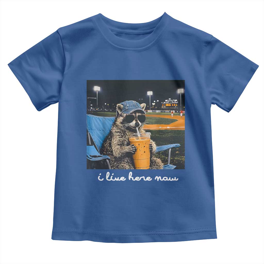 Funny Raccoon Baseball Game Day Meme Toddler T Shirt I Live Here Now Trash Panda Iced Coffee Night TS02 Royal Blue Print Your Wear