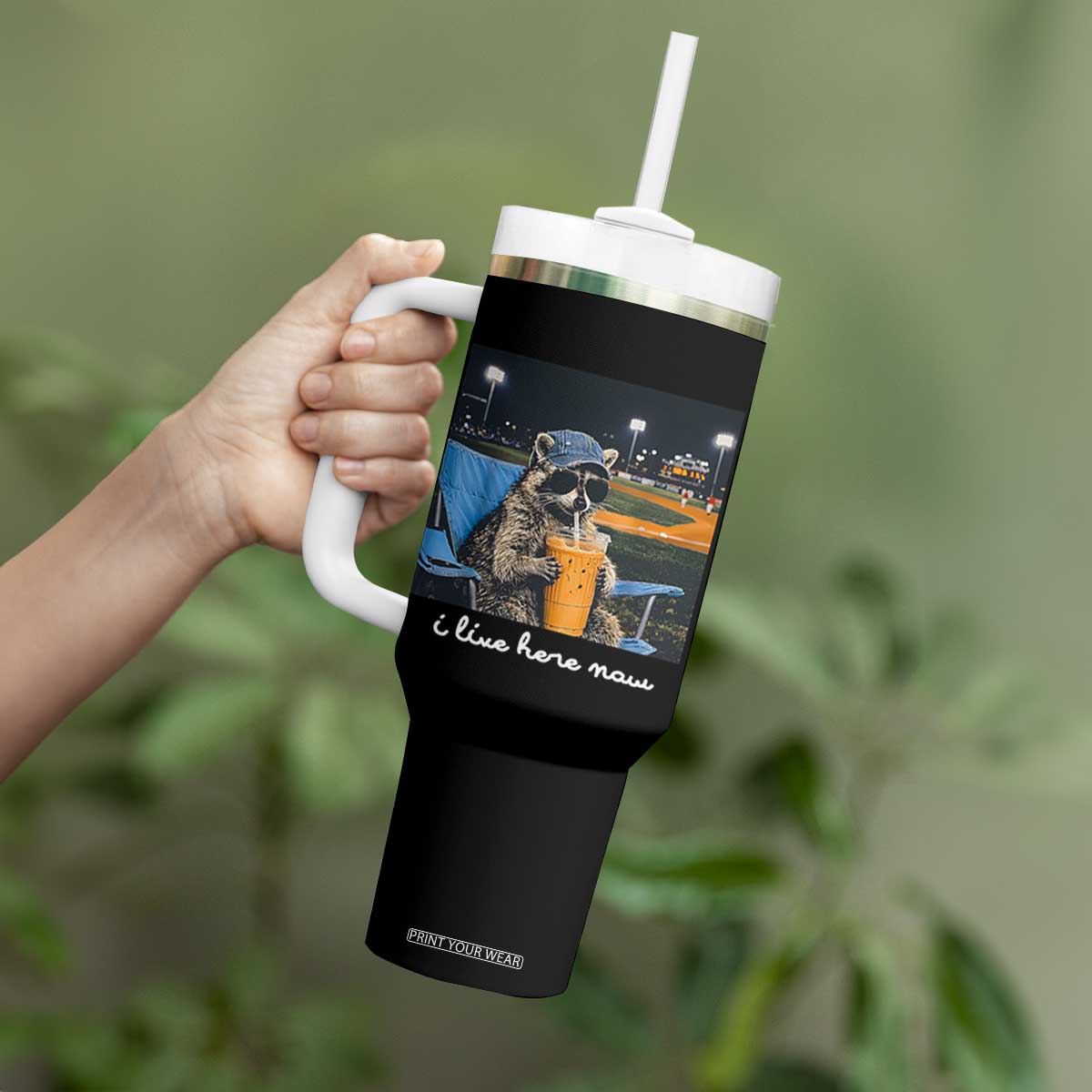 Funny Raccoon Baseball Game Day Meme Tumbler With Handle I Live Here Now Trash Panda Iced Coffee Night TS02 Print Your Wear