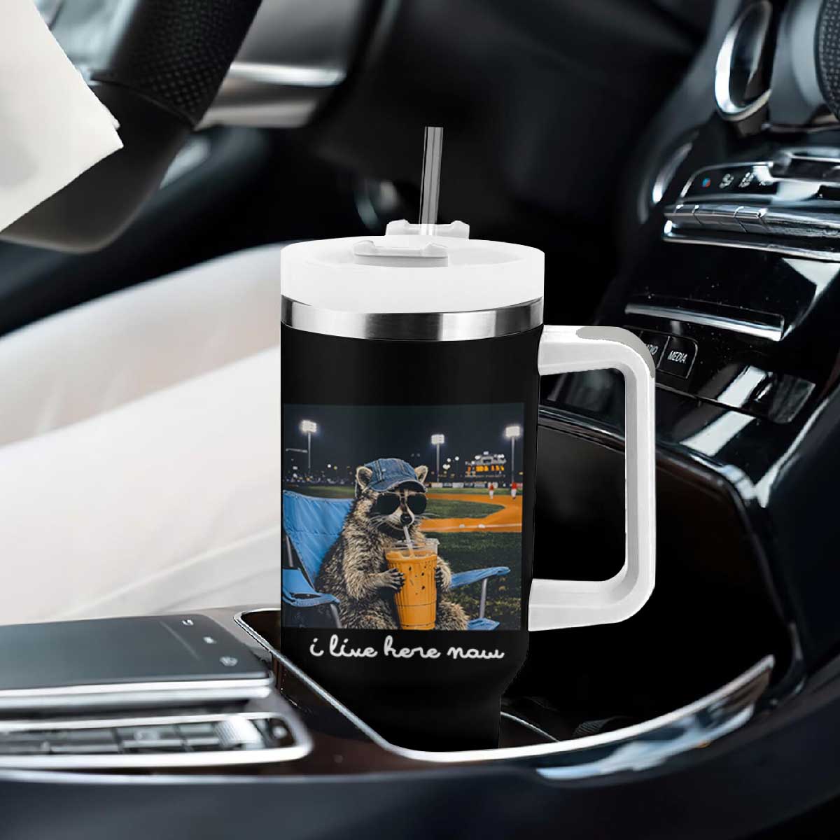 Funny Raccoon Baseball Game Day Meme Tumbler With Handle I Live Here Now Trash Panda Iced Coffee Night TS02 Print Your Wear