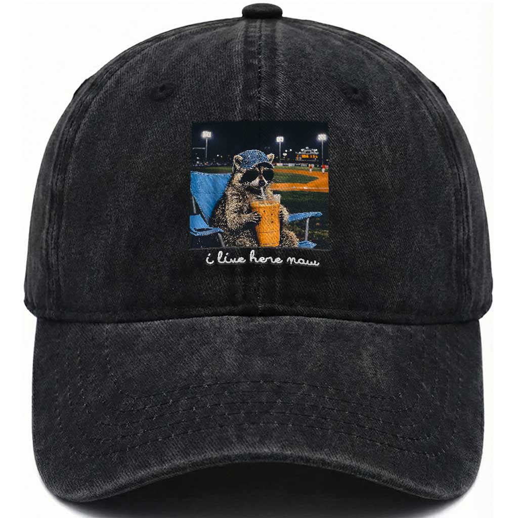 Funny Raccoon Baseball Game Day Meme Washed Cotton Baseball Cap I Live Here Now Trash Panda Iced Coffee Night TS02 Print Your Wear