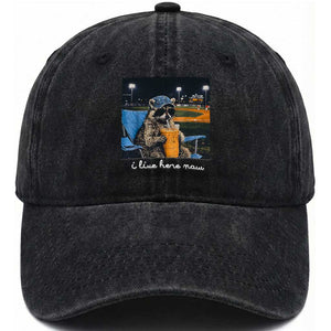 Funny Raccoon Baseball Game Day Meme Washed Cotton Baseball Cap I Live Here Now Trash Panda Iced Coffee Night TS02 Print Your Wear